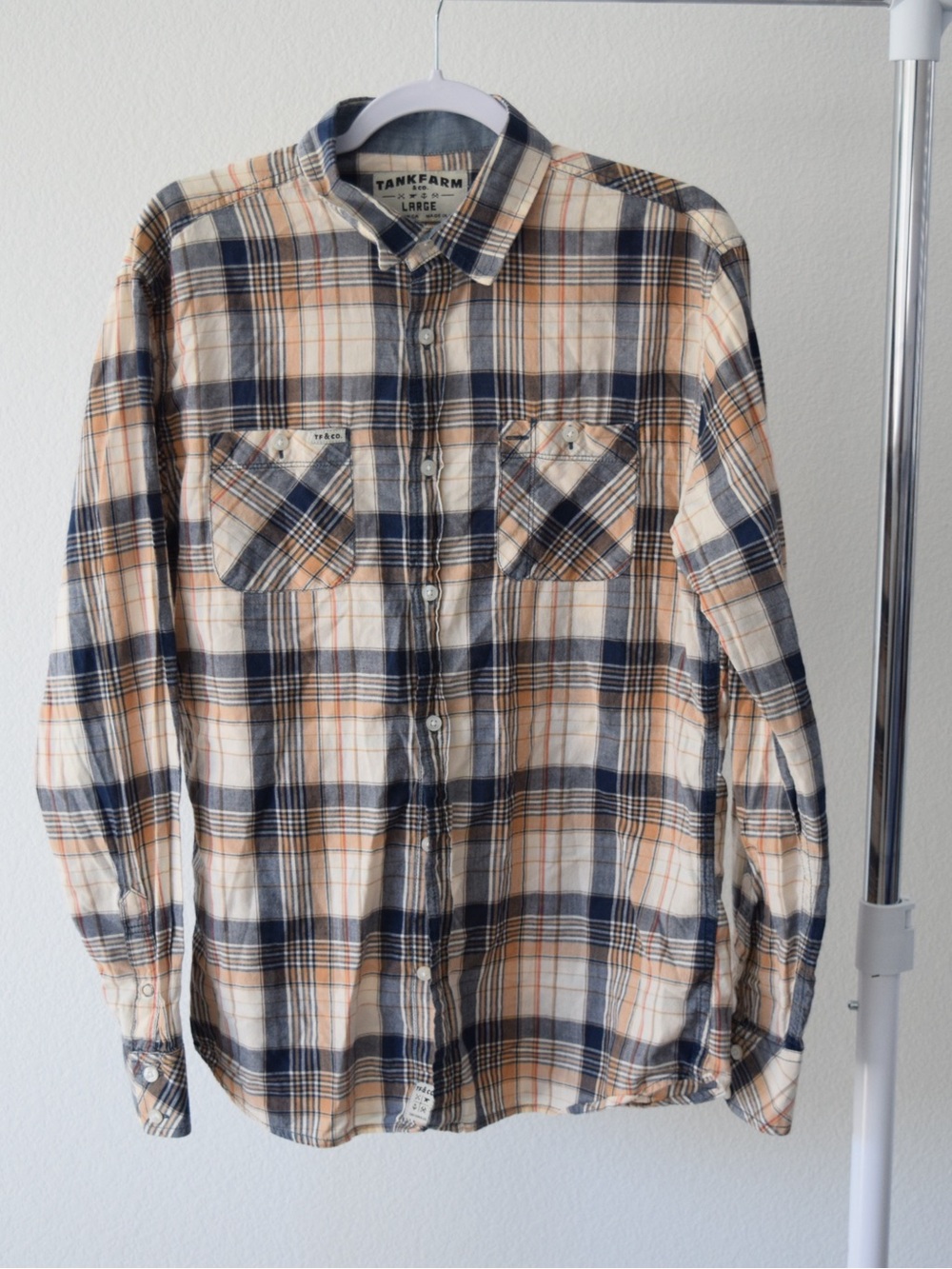 Tankfarm Men's Large Beige & Navy Plaid Button-Up Shirt